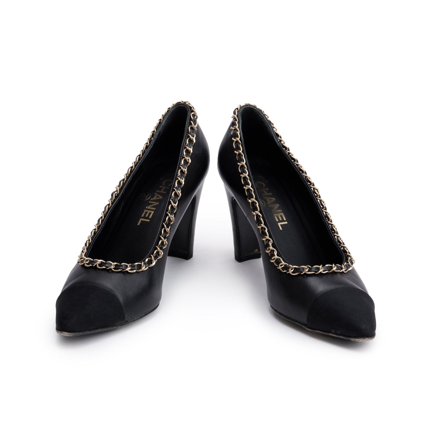 Chanel Black Leather Interlocking CC Logo Chain Around Pumps, Size 38.5