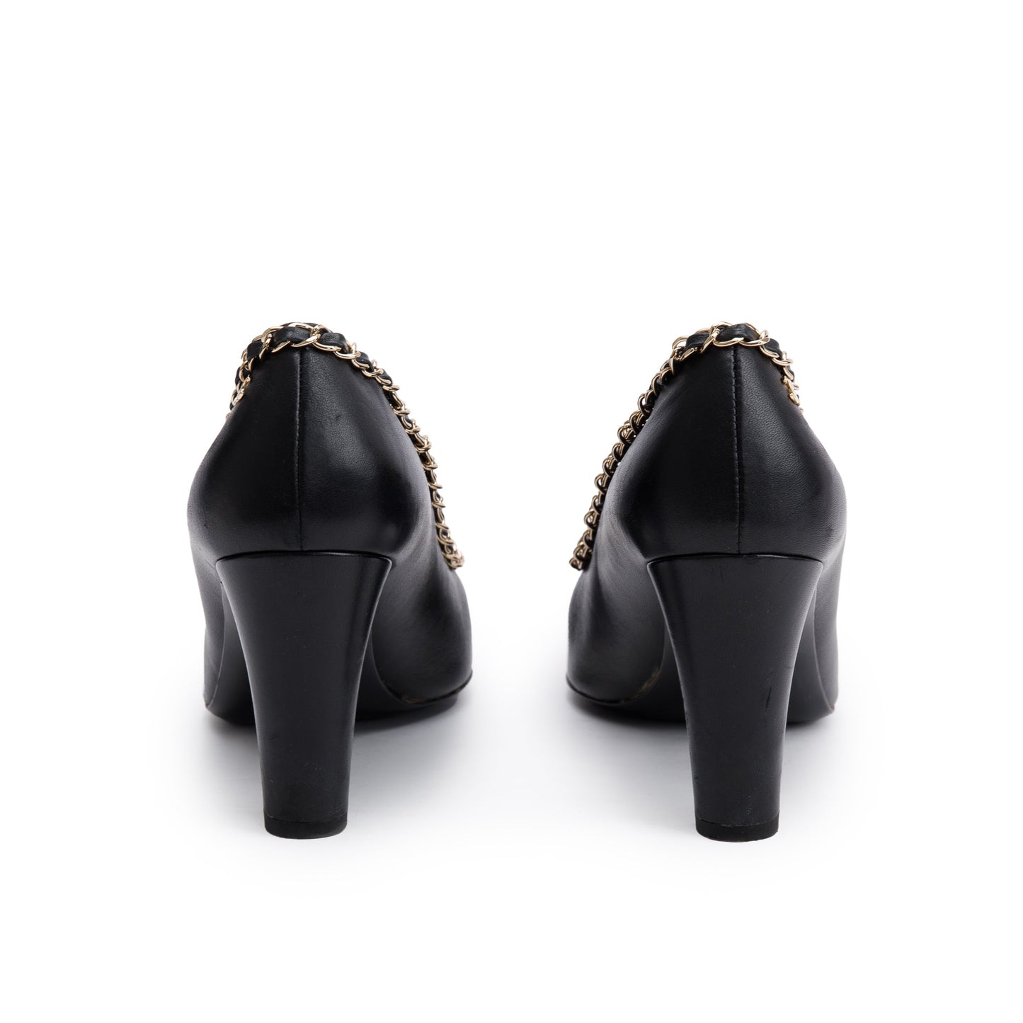 Chanel Black Leather Interlocking CC Logo Chain Around Pumps, Size 38.5