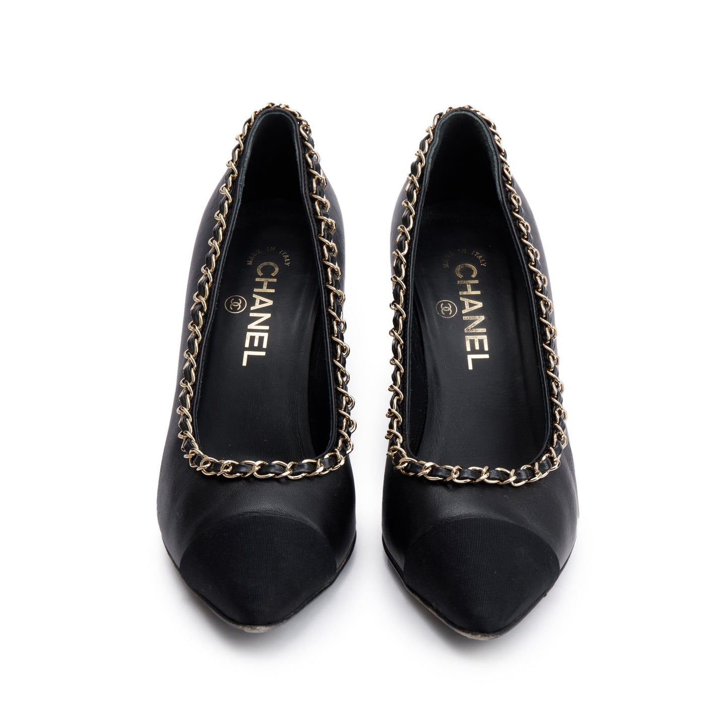 Chanel Black Leather Interlocking CC Logo Chain Around Pumps, Size 38.5