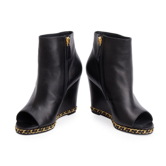 Chanel Black Leather Interlocking CC Logo Chain Open-Toe Wedge Ankle Boots, Size 36.5
