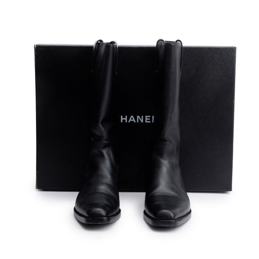 Chanel Black Leather Interlocking CC Logo Mid Calf Cowboy Boots, Size 38.5