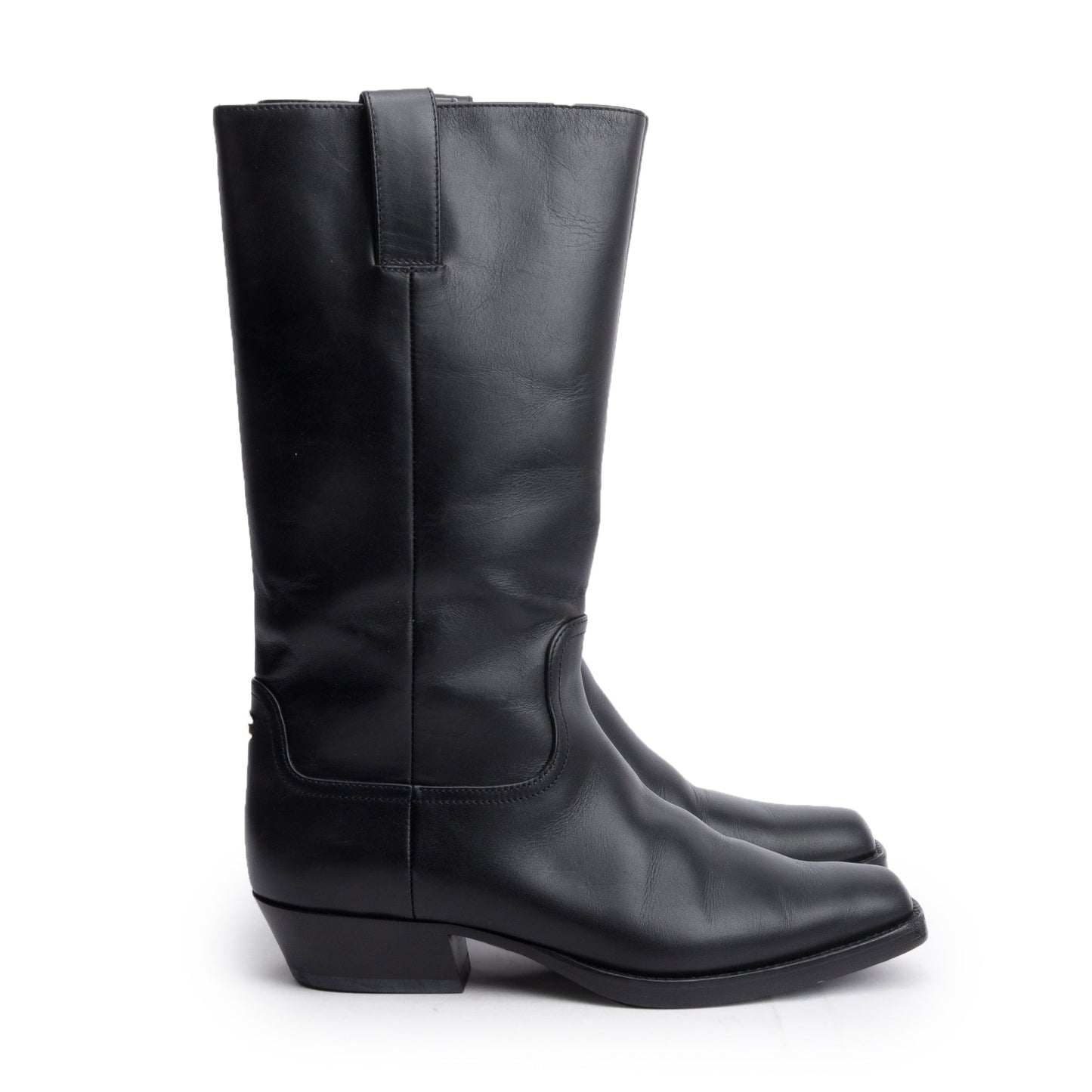 Chanel Black Leather Interlocking CC Logo Mid Calf Cowboy Boots, Size 38.5