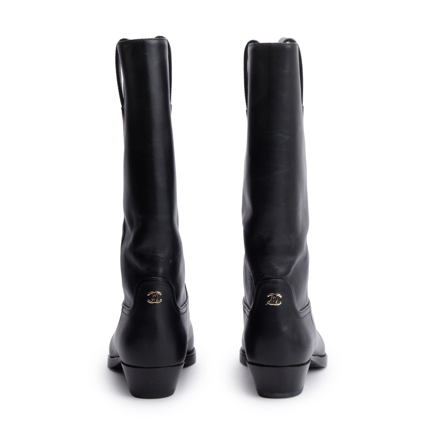 Chanel Black Leather Interlocking CC Logo Mid Calf Cowboy Boots, Size 38.5