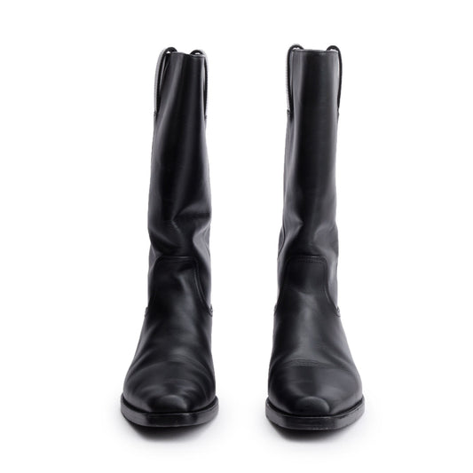 Chanel Black Leather Interlocking CC Logo Mid Calf Cowboy Boots, Size 38.5