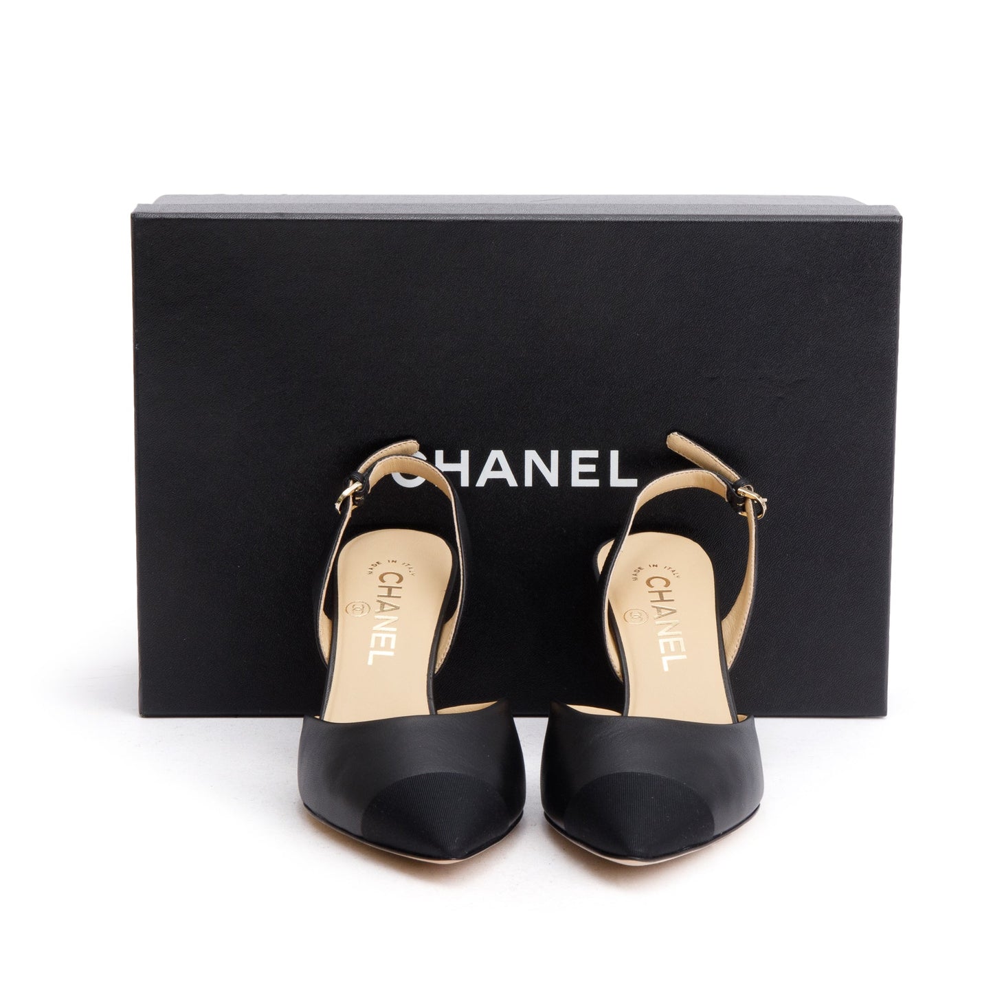 Chanel Black Leather/Grosgrain Cap Toe CC Slingback Sandals, Size 36.5