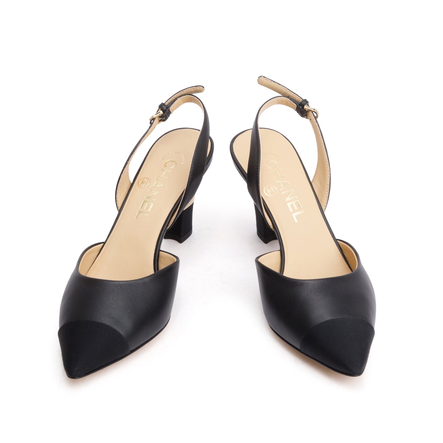 Chanel Black Leather/Grosgrain Cap Toe CC Slingback Sandals, Size 36.5