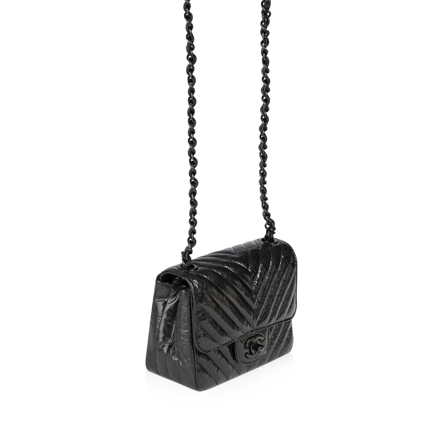 Chanel Black Patent Chevron Classic Mini Square Flap Bag