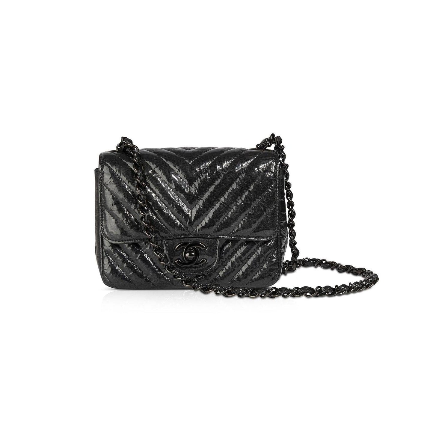 Chanel Black Patent Chevron Classic Mini Square Flap Bag