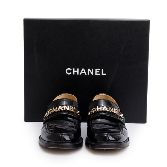 Chanel Black Patent Leather Chain Logo Loafer, Size 38.5