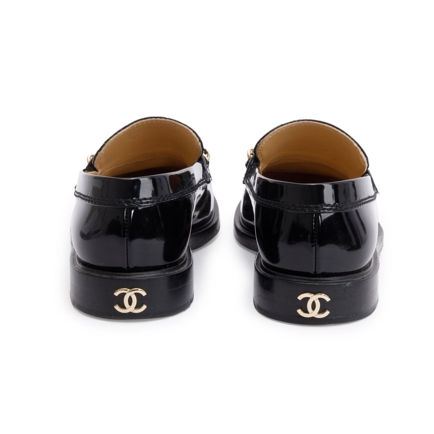 Chanel Black Patent Leather Chain Logo Loafer, Size 38.5
