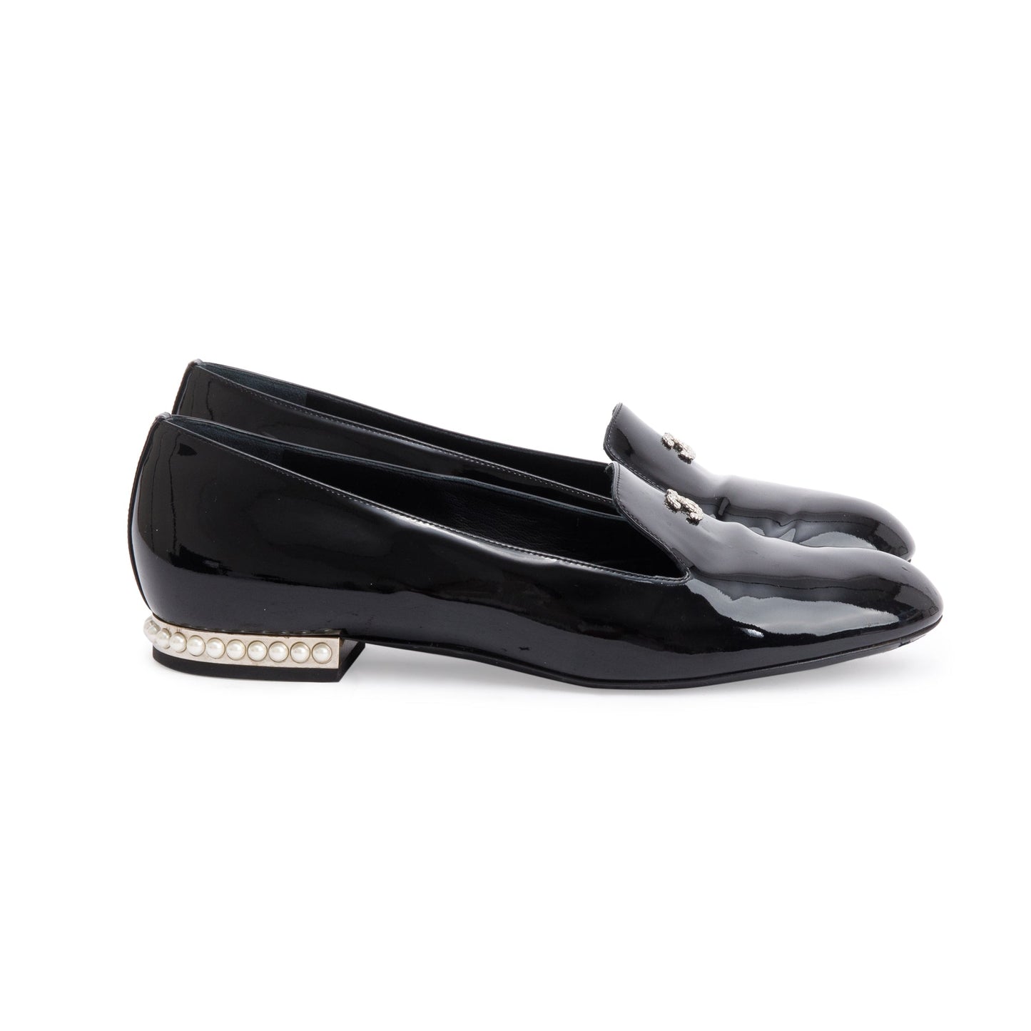 Chanel Black Patent Leather Faux Pearl CC Logo Loafer, Size 40