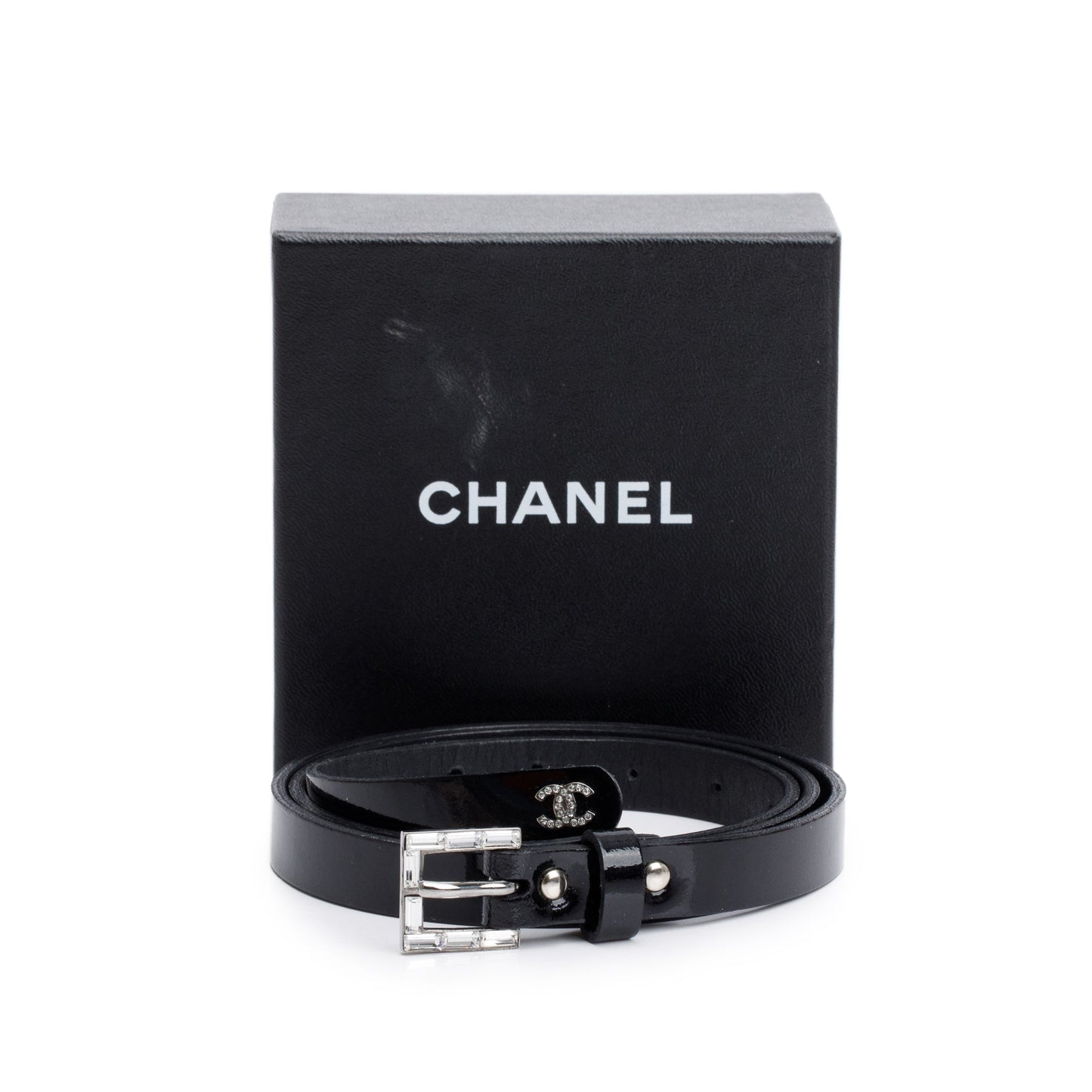 Chanel Black Patent Leather Strass Buckle Skinny Belt 75 30