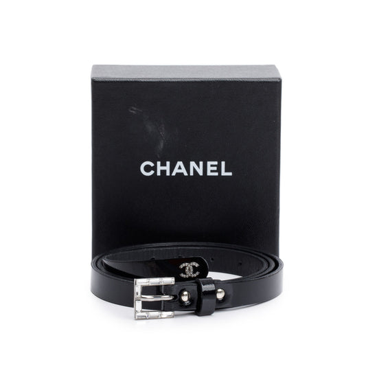 Chanel Black Patent Leather Strass Buckle Skinny Belt 75 30