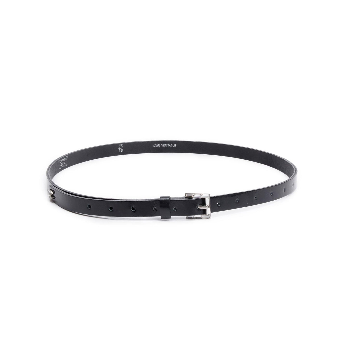 Chanel Black Patent Leather Strass Buckle Skinny Belt 75 30