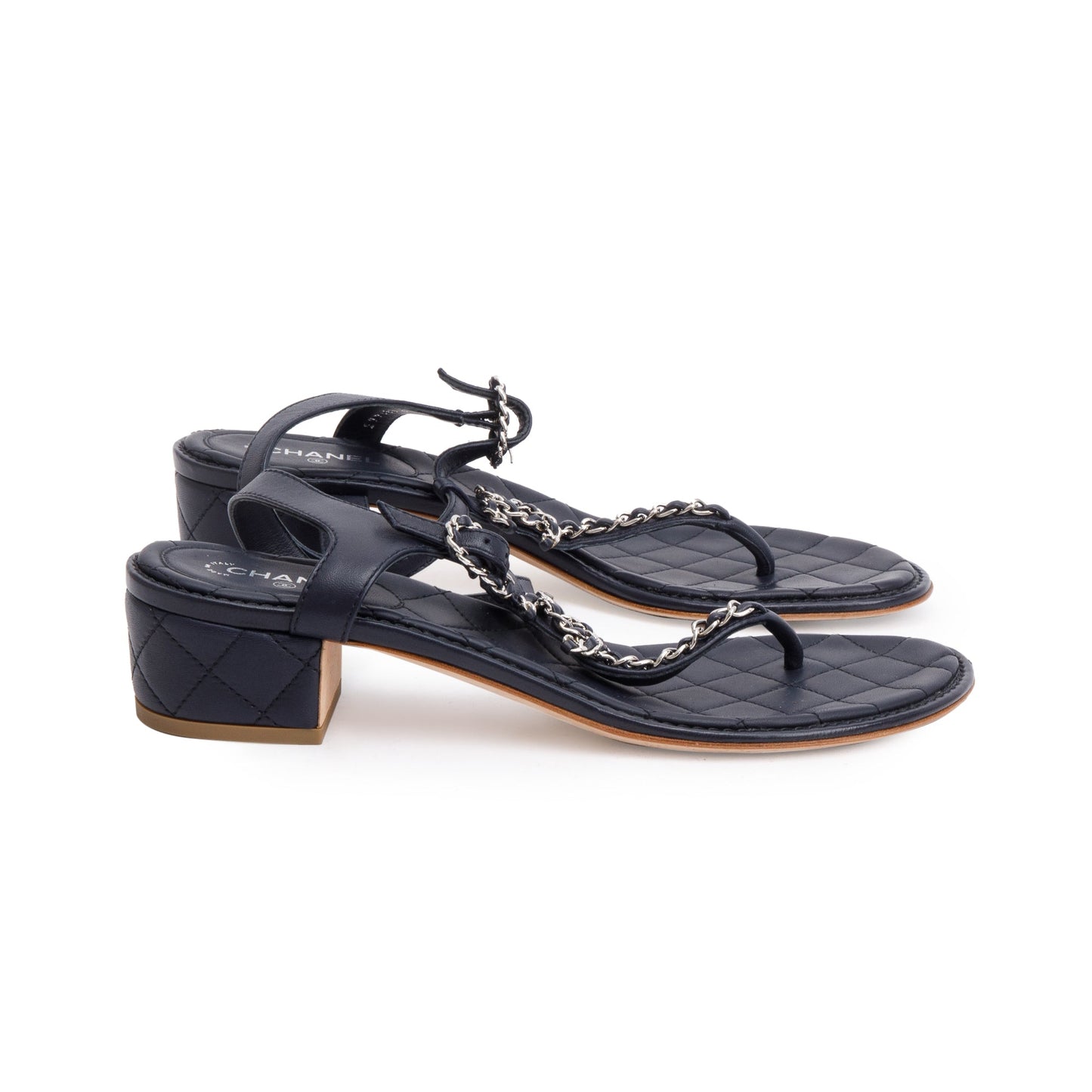 Chanel Black Quilted Calfskin Leather Chain CC T-Strap Sandals, Size 40