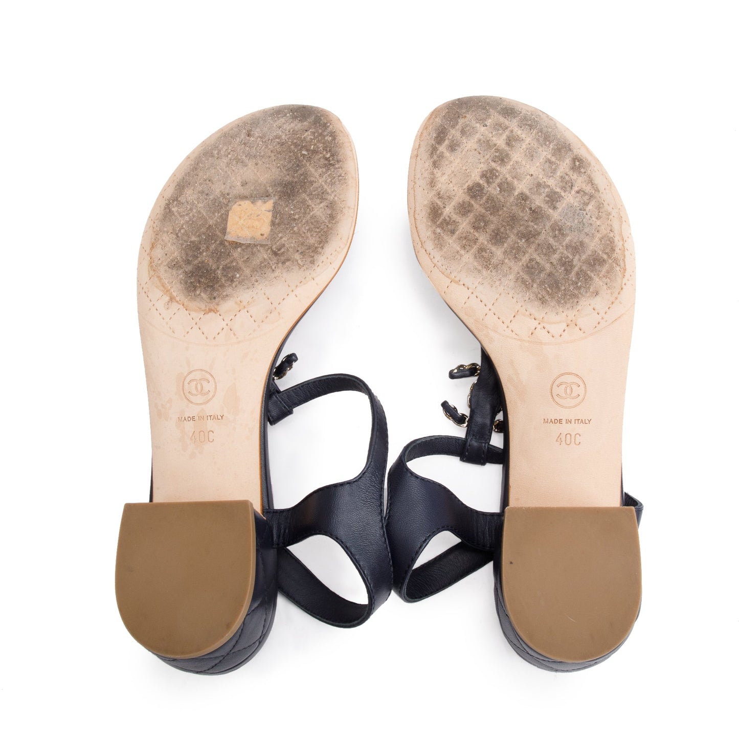 Chanel Black Quilted Calfskin Leather Chain CC T-Strap Sandals, Size 40
