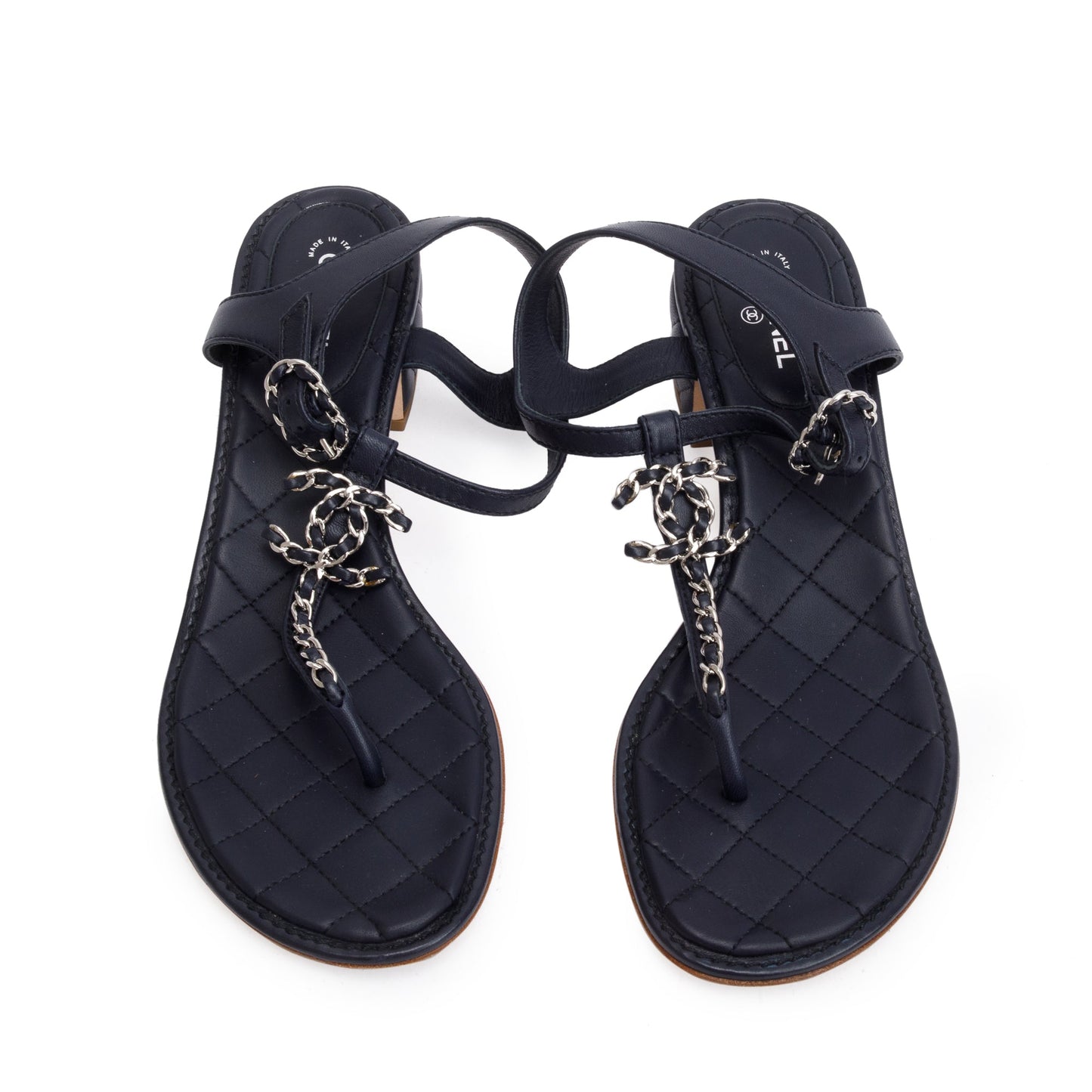 Chanel Black Quilted Calfskin Leather Chain CC T-Strap Sandals, Size 40