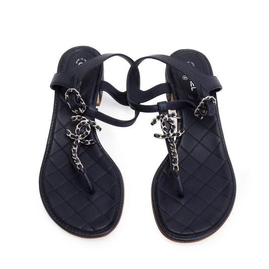 Chanel Black Quilted Calfskin Leather Chain CC T-Strap Sandals, Size 40