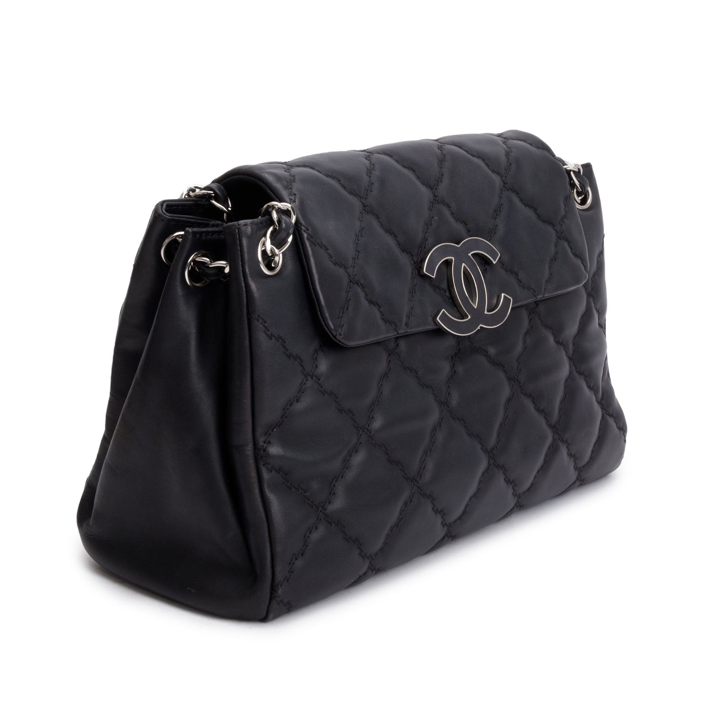 Chanel Black Quilted Calfskin Leather Large Double Stitch Hamptons Flap Bag