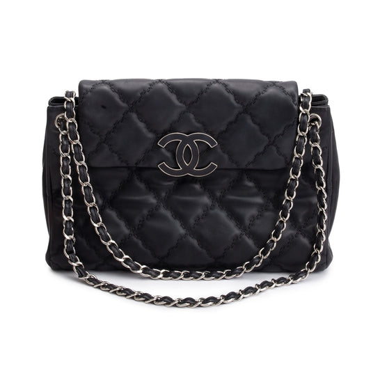 Chanel Black Quilted Calfskin Leather Large Double Stitch Hamptons Flap Bag