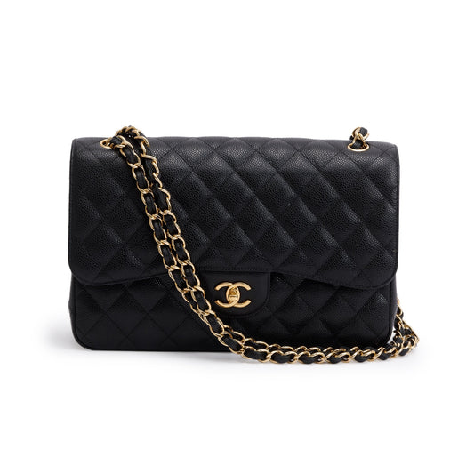 Chanel Black Quilted Caviar Leather Classic Jumbo Double Flap Bag