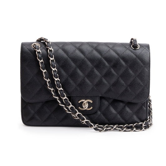 Chanel Black Quilted Caviar Leather Classic Jumbo Double Flap Bag