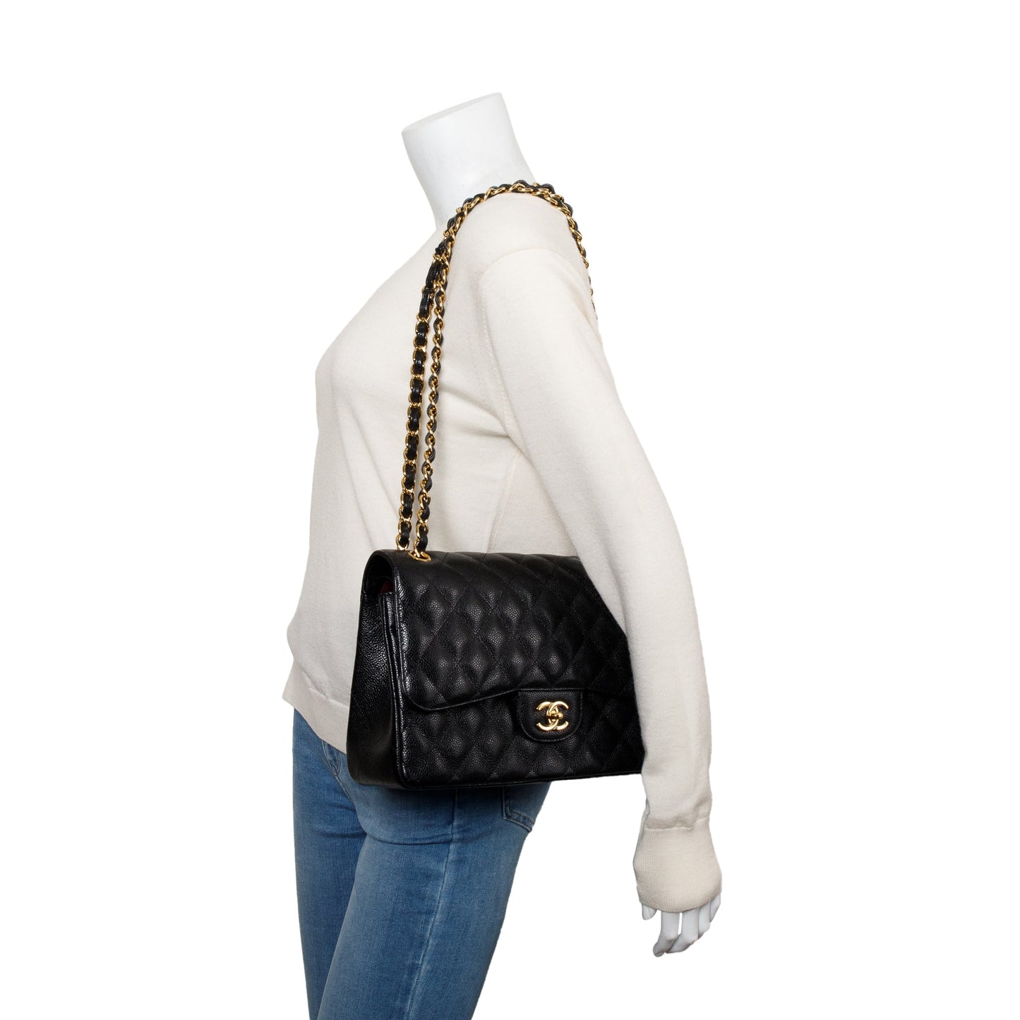 Chanel Black Quilted Caviar Leather Classic Jumbo Double Flap Bag