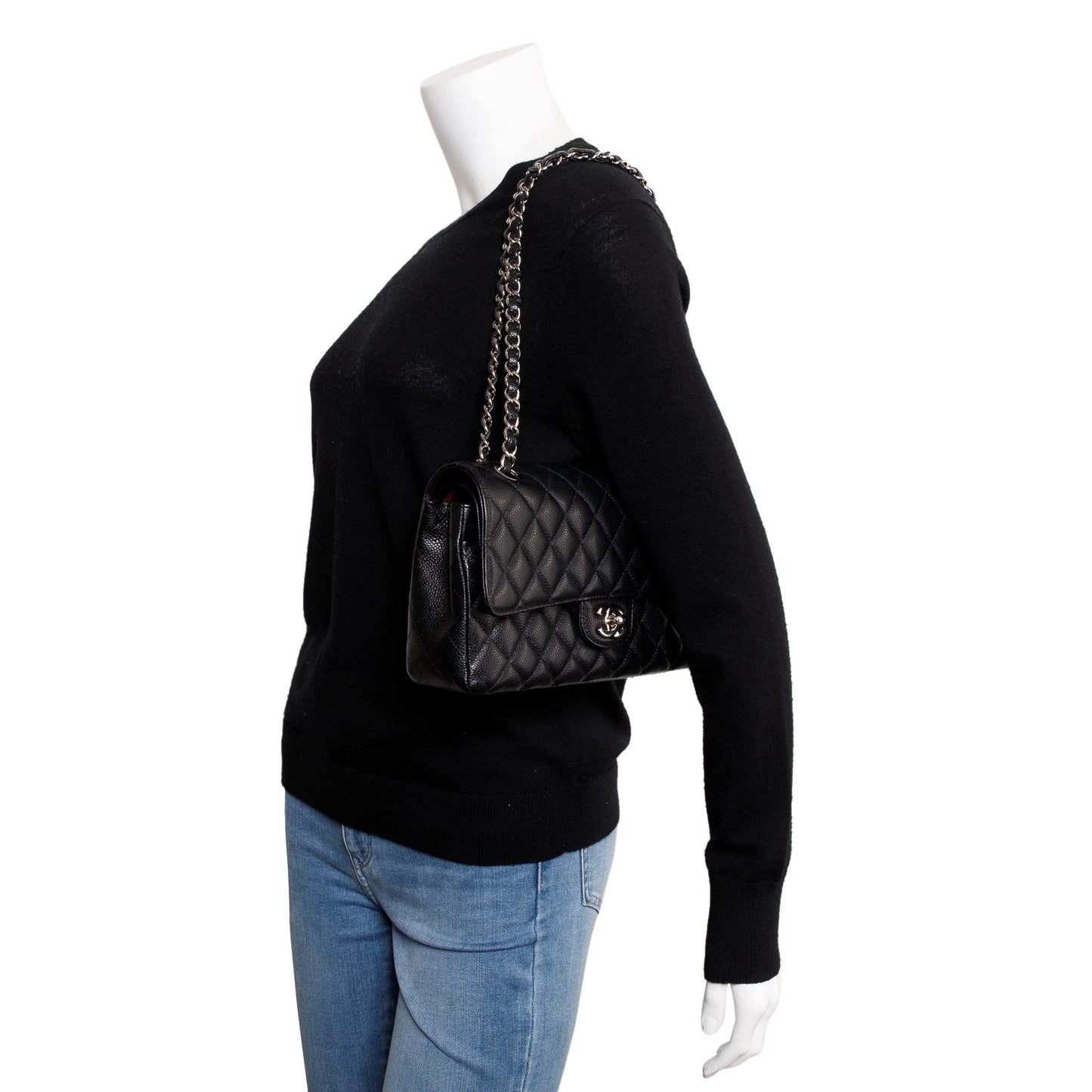 Chanel Black Quilted Caviar Leather Classic Medium Double Flap Bag
