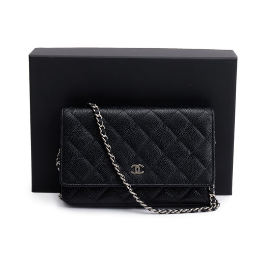 Chanel Black Quilted Caviar Leather Classic Wallet on Chain