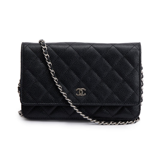 Chanel Black Quilted Caviar Leather Classic Wallet on Chain