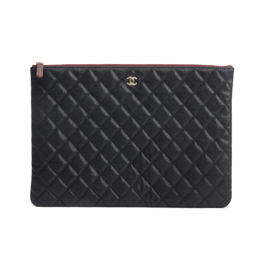 Chanel Black Quilted Caviar Leather Large O-Case Clutch
