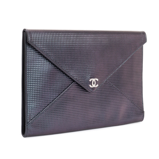 Chanel Black Quilted Holographic Patent Leather Envelope Clutch