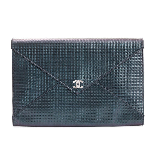 Chanel Black Quilted Holographic Patent Leather Envelope Clutch
