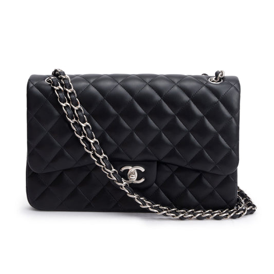 Chanel Black Quilted Lambskin Leather Classic Jumbo Double Flap Bag