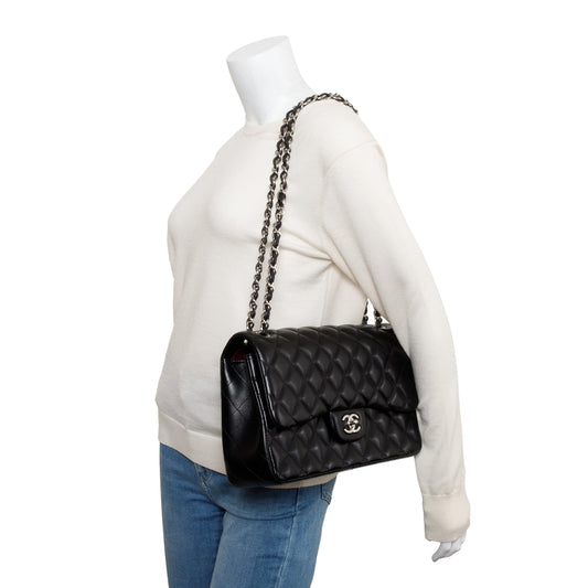 Chanel Black Quilted Lambskin Leather Classic Jumbo Double Flap Bag