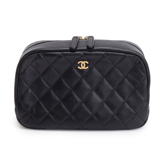 Chanel Black Quilted Lambskin Leather Large Classic Pouch