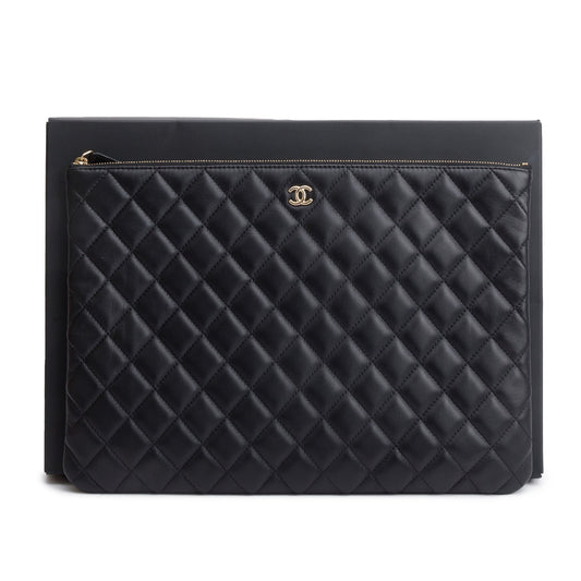 Chanel Black Quilted Lambskin Leather Large O-Case Clutch