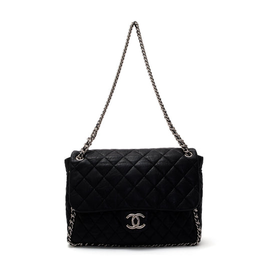 Chanel Black Quilted Lambskin Leather Maxi Chain Around Flap Bag