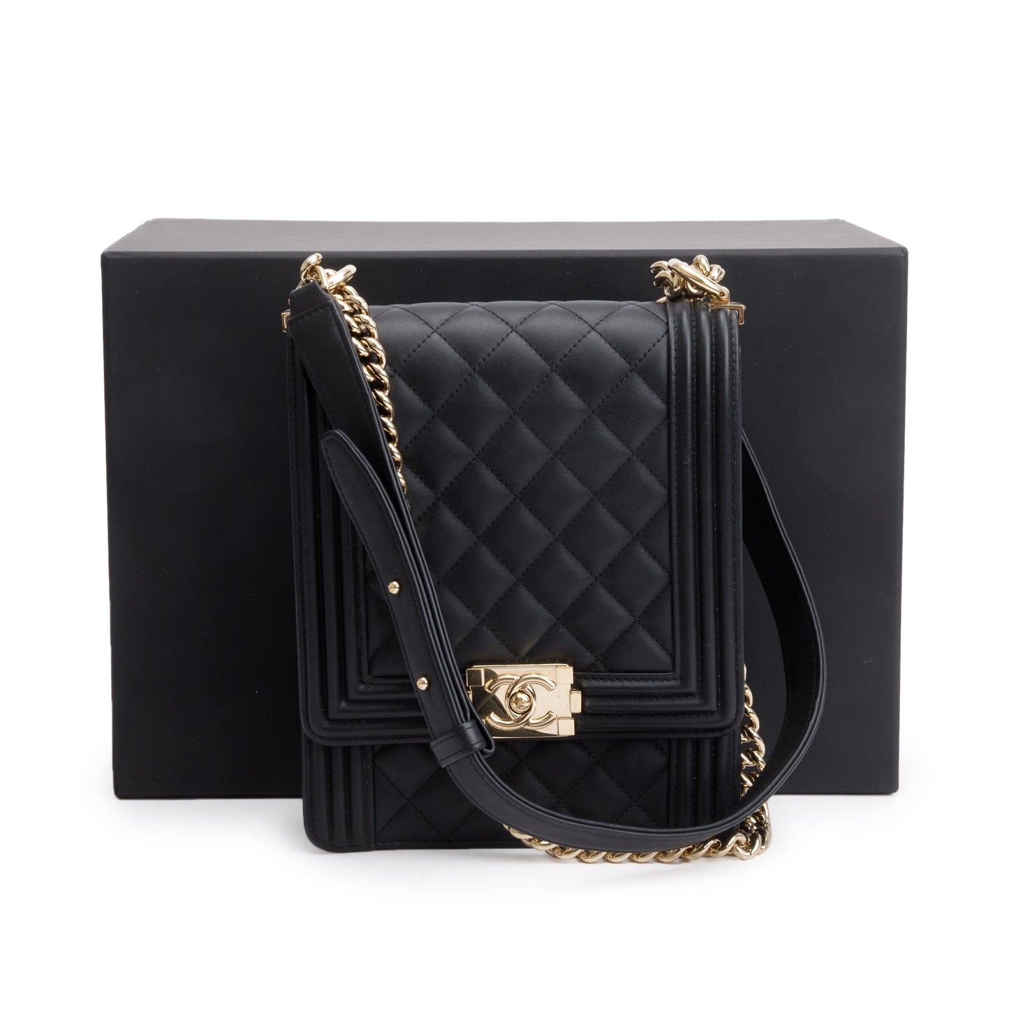 Chanel Black Quilted Lambskin Leather North/South Boy Bag