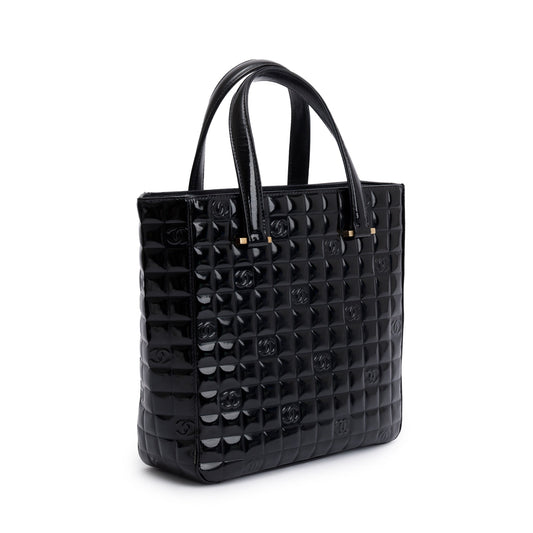 Chanel Black Quilted Patent Leather Chocolate Bar CC Tote Bag