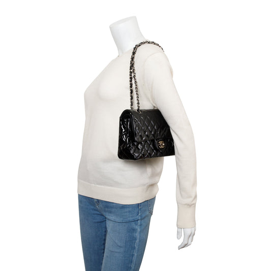 Chanel Black Quilted Patent Leather Classic Medium Double Flap Bag