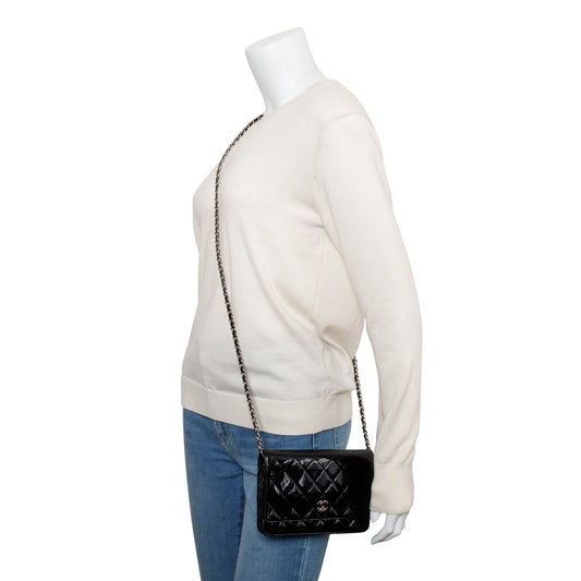 Chanel Black Quilted Patent Leather Classic Wallet on Chain