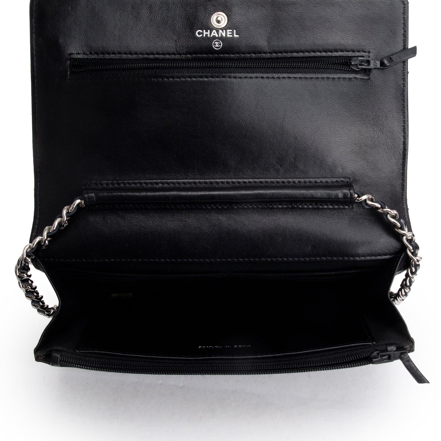 Chanel Black Quilted Patent Leather Classic Wallet on Chain