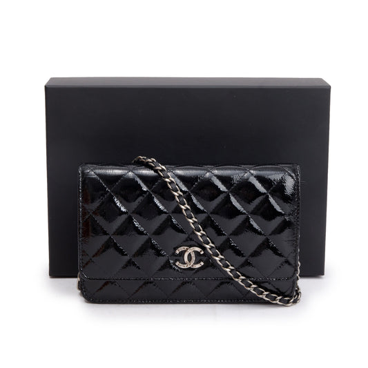 Chanel Black Quilted Patent Leather Classic Wallet on Chain