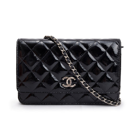 Chanel Black Quilted Patent Leather Classic Wallet on Chain
