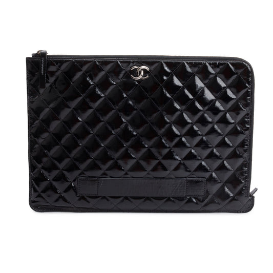 Chanel Black Quilted Patent Leather Laptop Pouch