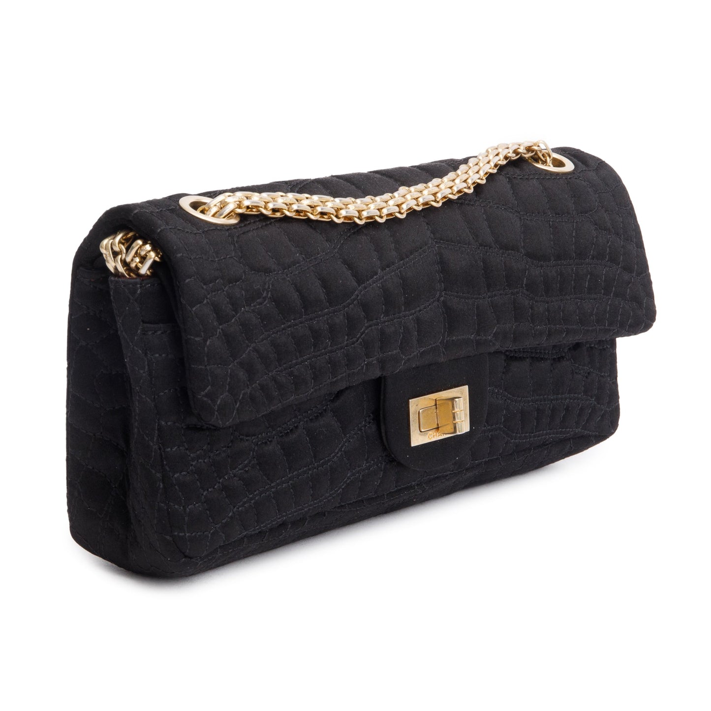 Chanel Black Satin Coco's Croc 2.55 Reissue East/West Double Flap Bag