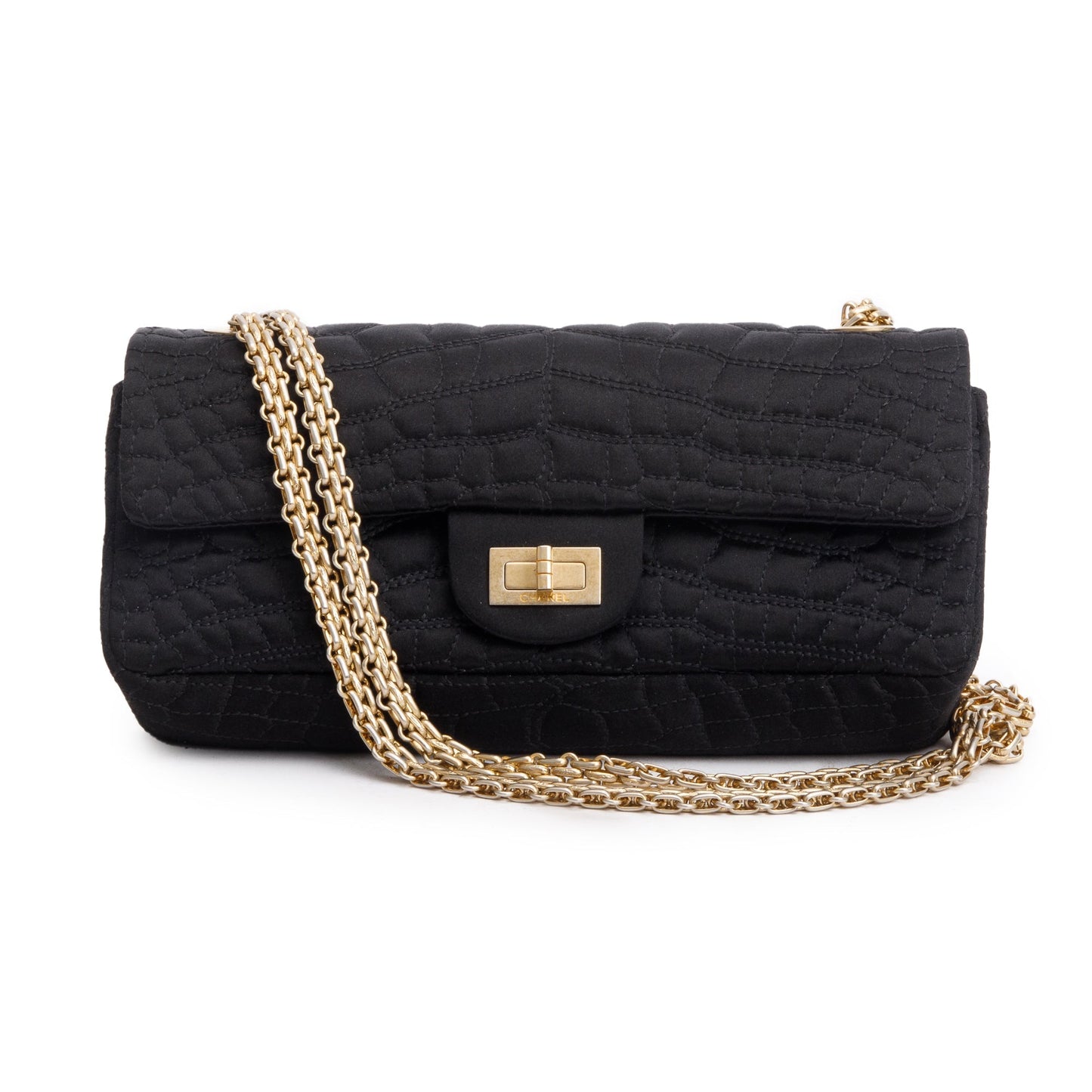 Chanel Black Satin Coco's Croc 2.55 Reissue East/West Double Flap Bag