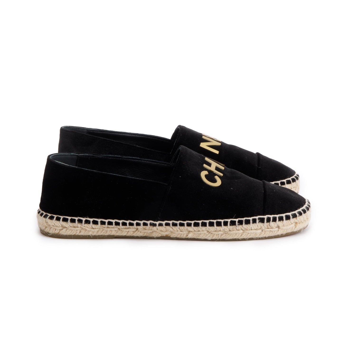 Chanel Black Velvet Graphic Logo Espadrilles, Size 38