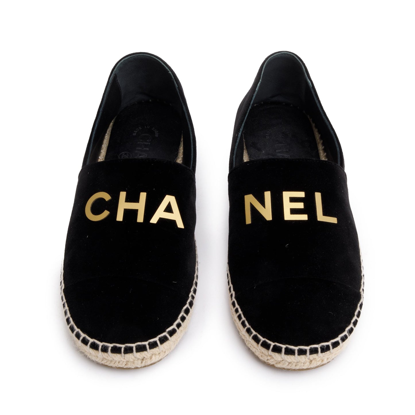 Chanel Black Velvet Graphic Logo Espadrilles, Size 38